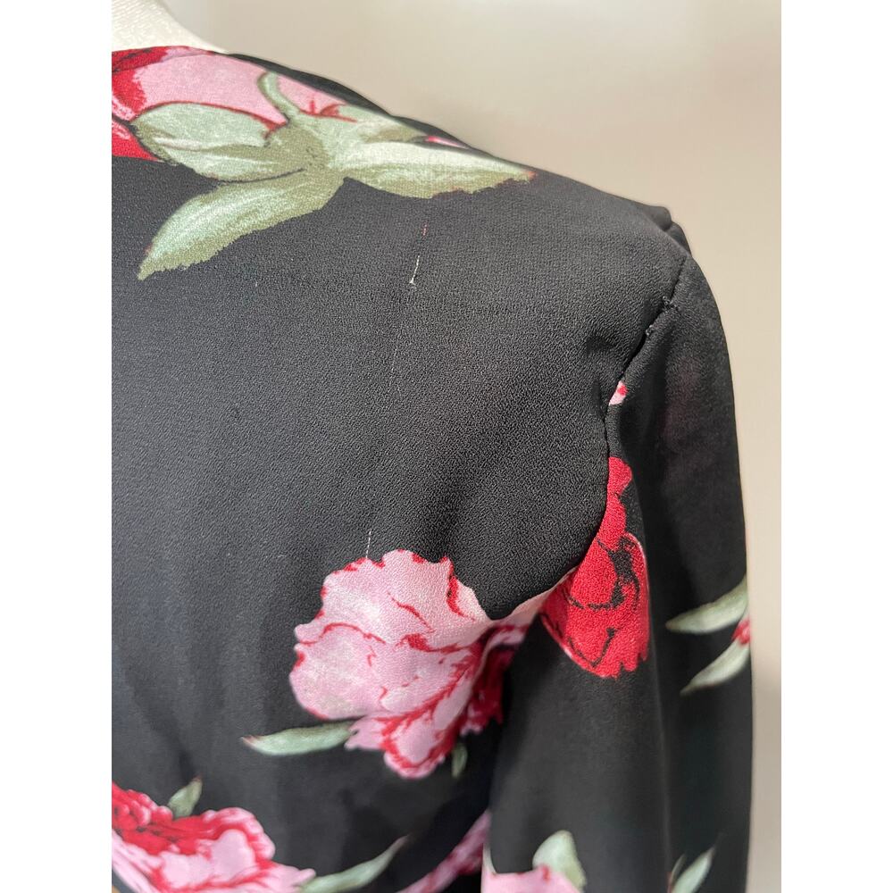 Lulus Romantic Blooms Black Floral Midi Wrap Dress Sz M Plunging Neck Black Pink - Picture 16 of 16